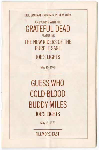 Grateful Dead Original 1970 Fillmore East Concert Program
