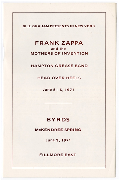 Frank Zappa/Byrds Original 1971 Fillmore East Concert Program