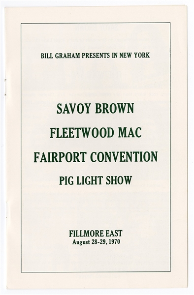 Fleetwood Mac Original 1970 Fillmore East Concert Program