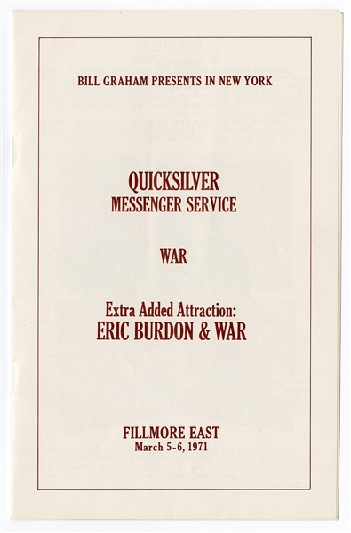 Quicksilver Messenger Service/War/Eric Burdon Original 1971 Fillmore East Concert Program