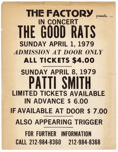 The Good Rats/Patti Smith at The Factory Original 1979 Concert Handbill