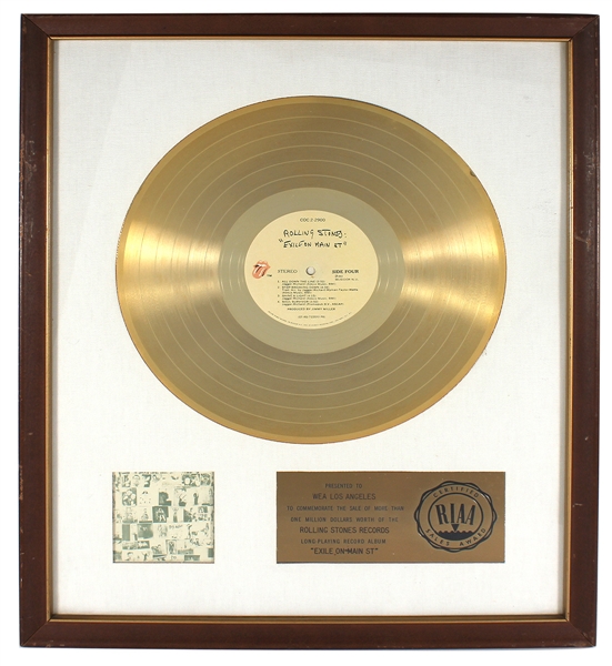 The Rolling Stones "Exile On Main Street" Original RIAA White Matte Gold LP Record Album Award