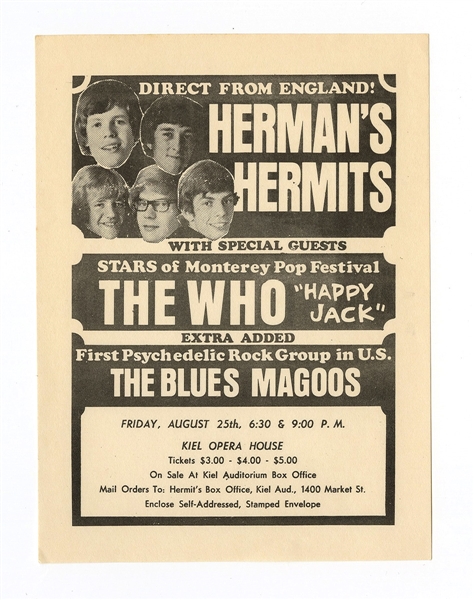 The Who/Hermans Hermits Original 1967 Concert Handbill