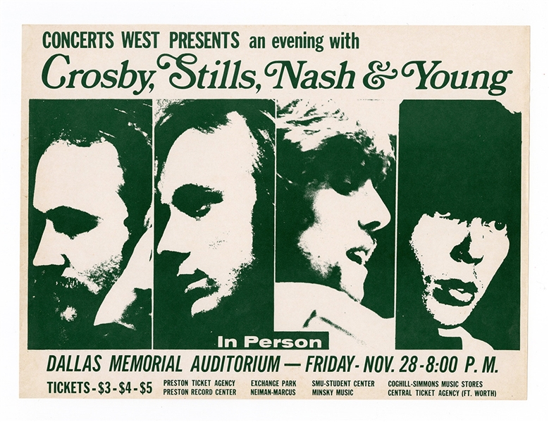 Crosby, Stills, Nash & Young Original 1969  Dallas Memorial Auditorium Concert Handbill