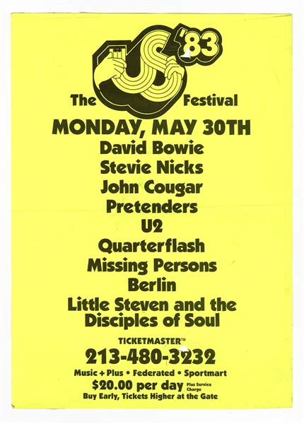 Set of Three US Festival 83 Original Concert Posters:  Featuring David Bowie, Stevie Nicks, U2 , The Clash, Van Halen and More