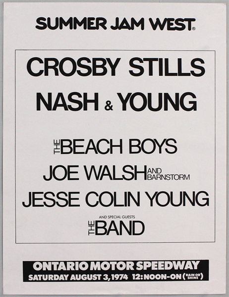 Summer Jam Festival Original 1974 Concert Poster Featuring Crosby, Stills, Nash and Young, The Band, The Beach Boys and Joe Walsh