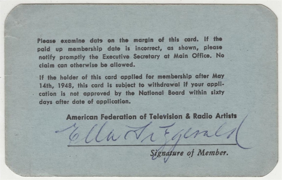Ella Fitzgerald Signed Original 1963 AFTRA Membership Card