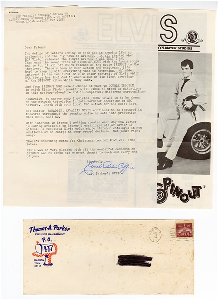 Elvis Presley Original 1966 Office of Col. Parker "Spinout" Fan Letter