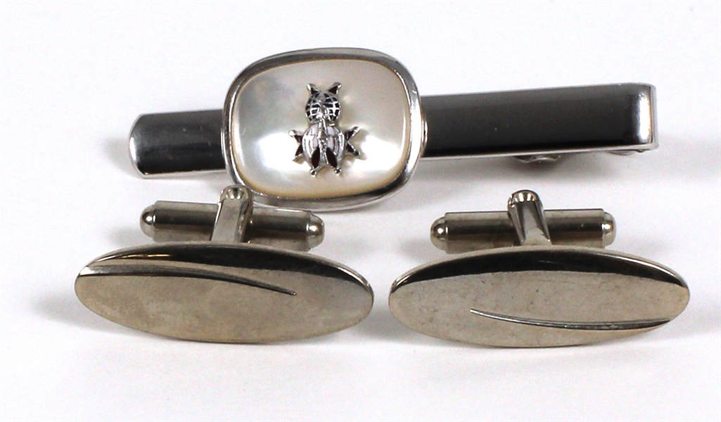 Frank Sinatra Owned and Worn Circa 1960s Silver Tie Clasp and Cufflinks 