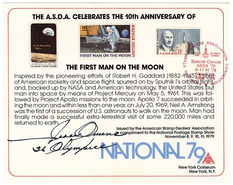 Jesse Owens Signed & Inscribed "The First Man on the Moon" Stamp Card JSA LOA
