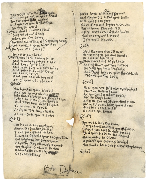 Bob Dylan Handwritten & Signed  "Ballad of a Thin Man" Working Lyrics James Blanco LOA and Clinton Heylin LOA