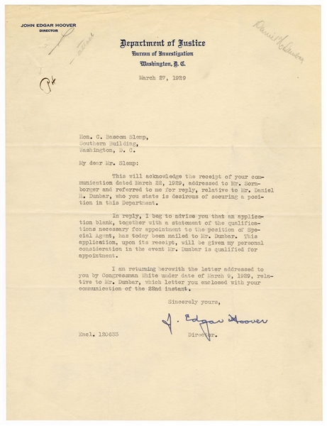 J. Edgar Hoover Signed Dept. of Justice and F.B.I. Letters JSA Authentication (3)