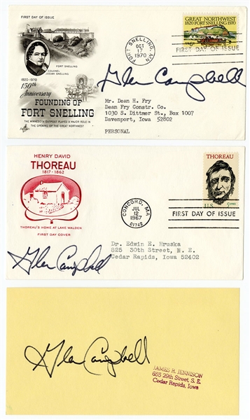 Glen Campbell Signed First Day Covers (2) & Notecard JSA Authentication