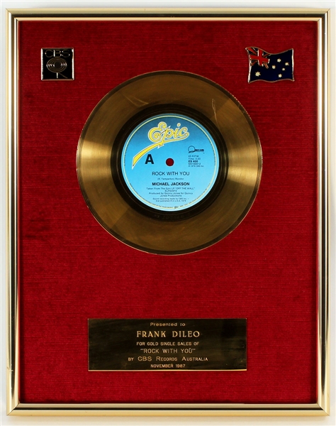 Michael Jackson "Rock With You" Original CBS Records Australia In-House Gold Single Record Award Presented to Manager Frank DiLeo