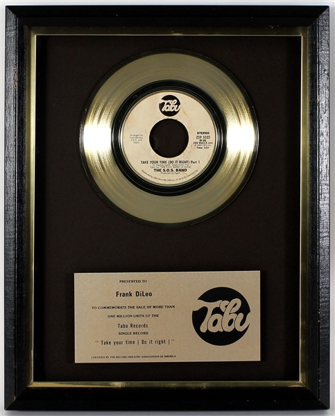 The S.O.S. Band "Take Your Time (Do It Right)" Original Tabu Records In-House Gold Single Record Award Presented to Frank DiLeo