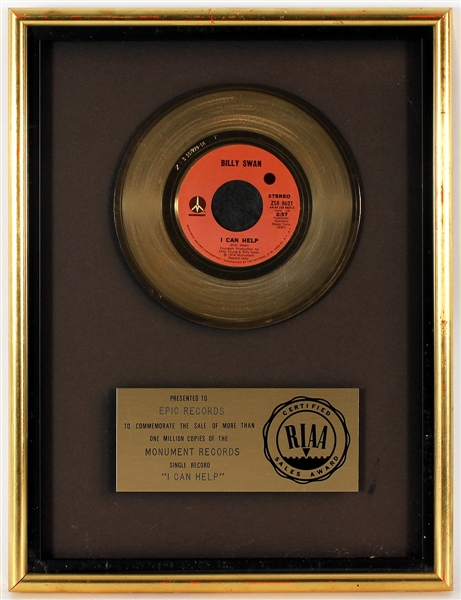 Billy Swan "I Can Help" Original RIAA Gold Single Record Award Presented to Frank DiLeo