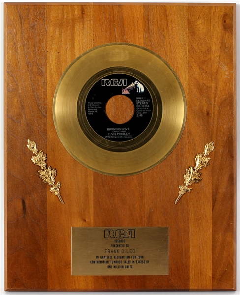 Elvis Presley "Burning Love" Original RCA Records In-House Gold Single Record Award Plaque Presented to Frank DiLeo