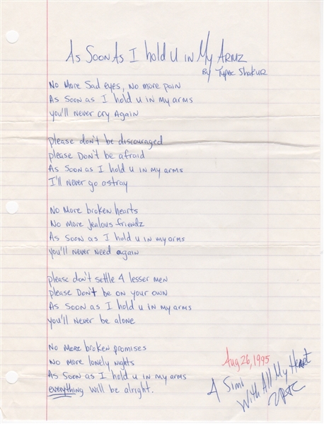 Tupac Shakur Twice Signed Handwritten Poem “As Soon As I Hold U In My Arms”
