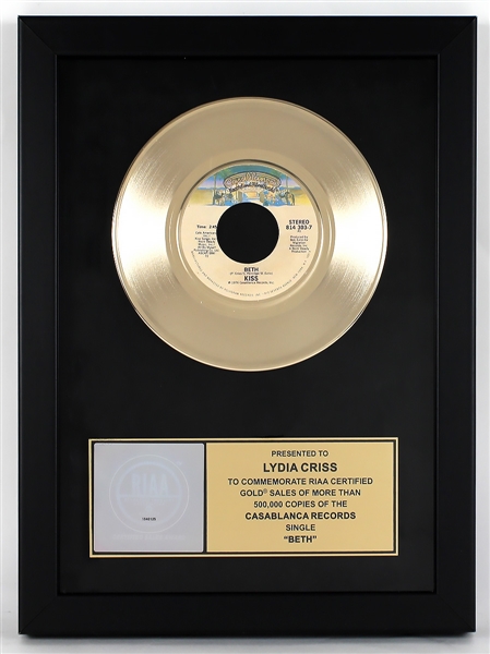 KISS "Beth" Original RIAA Gold Single Record Award Presented to and Signed by Lydia Criss