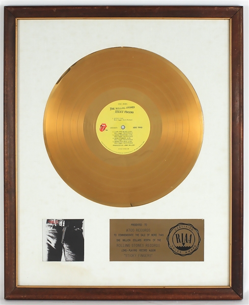 Rolling Stones "Sticky Fingers" Original RIAA White Matte Gold Album Award