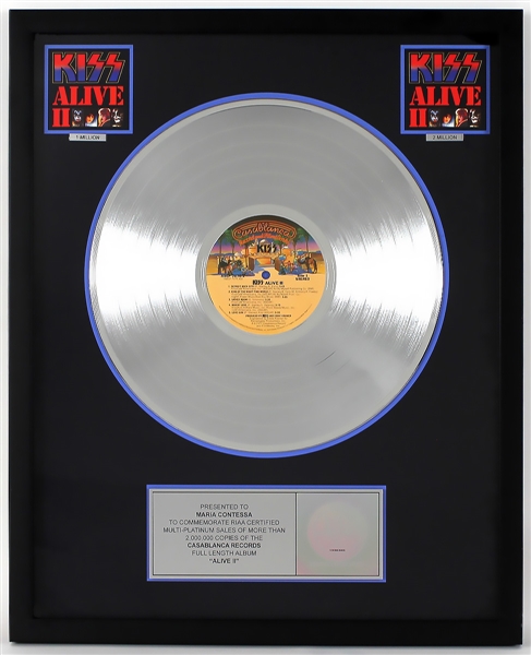 "KISS Alive II" Original RIAA Multi-Platinum Album Award Signed by Bruce Kulick and Maria Contessa