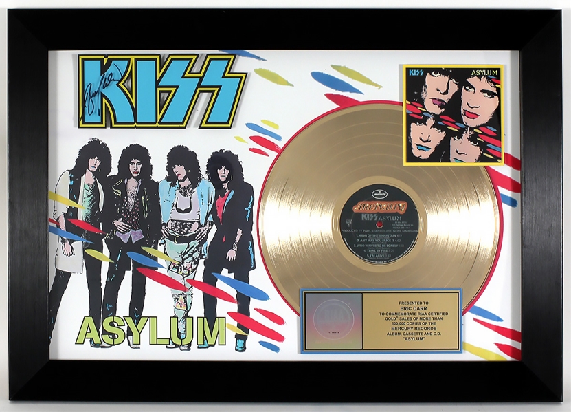KISS "Asylum" Original RIAA Gold Album, Cassette and C.D. Award Display Presented to and Signed by Eric Carr