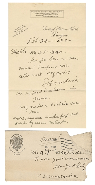Harry Houdini 1920 Handwritten and Signed Letter and Envelope JSA LOA