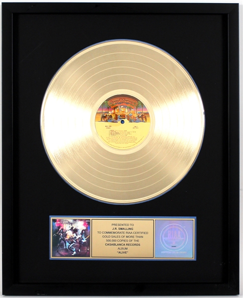 KISS "Alive" RIAA Original Gold Album Award Presented to and Signed by Road Manager J.R. Smalling