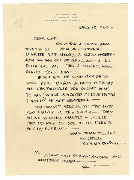 Willard Mullin Handwritten & Signed Letter 