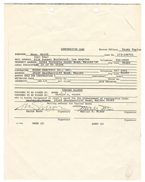 Keith Moon Signed Personal Malibu Home Construction Loan Contract