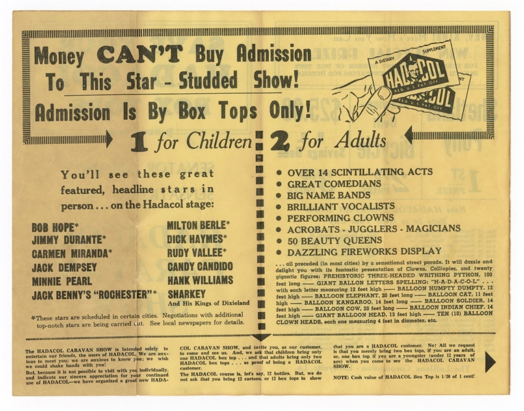 Hank Williams Circa 1950s Hadacol Caravan Show Original Concert Flyer Also Featuring Bob Hope, Rudy Vallee and More!
