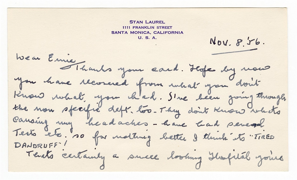 Stan Laurel Handwritten Signed Lettercard JSA LOA