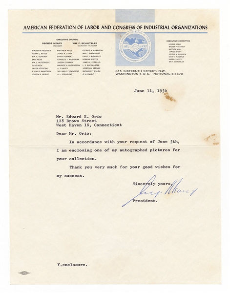 George Meany Signed AFL - CIO Letter JSA Authentication