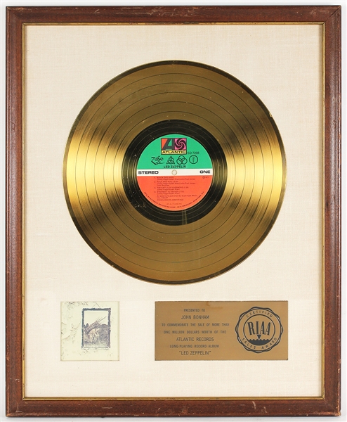 "Led Zeppelin" Original RIAA White Matte Gold LP Record Album Award Presented to John Bonham