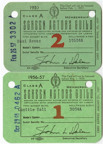 Lucille Ball & Desi Arnaz Original "SAG" Cards and Dues Receipt