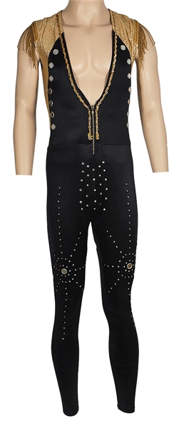 Rick James Stage Worn Black and Gold Studded Jumpsuit with Black & Silver Studded Boots