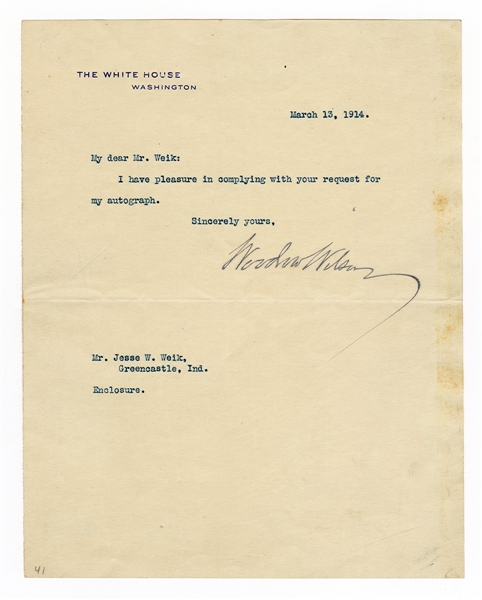 Woodrow Wilson Signed White House Letter Beckett LOA