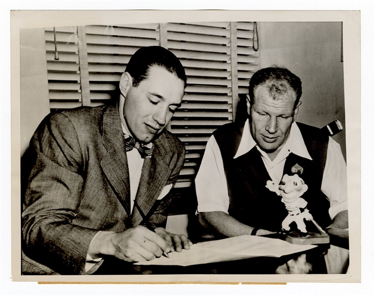 Bob Feller and Bill Veeck Contract Signing Black and White Photograph