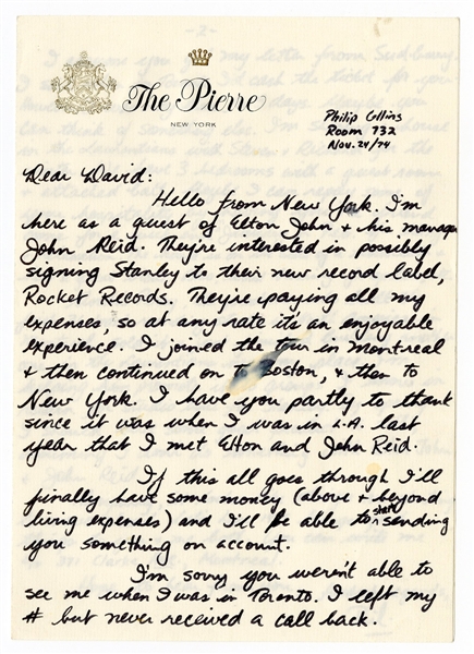 Phil Collins Handwritten Note about Elton John