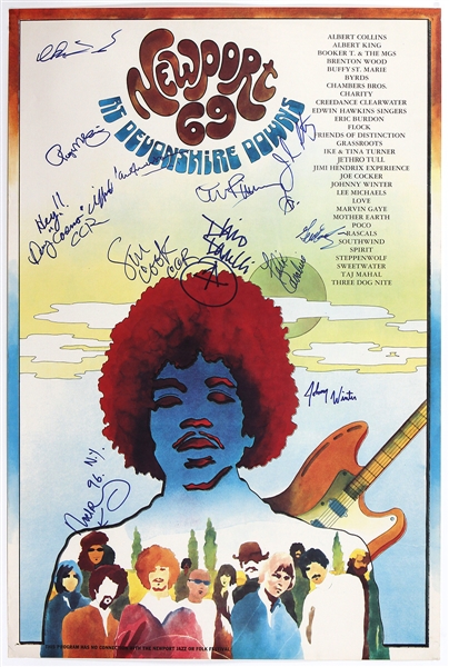 Newport 69 Legendary Music Festival Poster Featuring Jimi Hendrix, Creedence Clearwater Revival, Ike & Tina Turner Signed by Several Performing Artists
