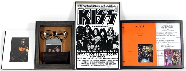 KISS Framed Memorabilia Including a Rare Concert Poster Peter Criss Glasses and Photographs