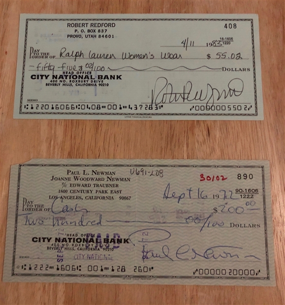 Paul Newman and Robert Redford Signed Checks
