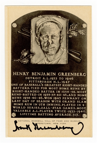 Hank Greenberg Signed Hall of Fame Postcard JSA LOA