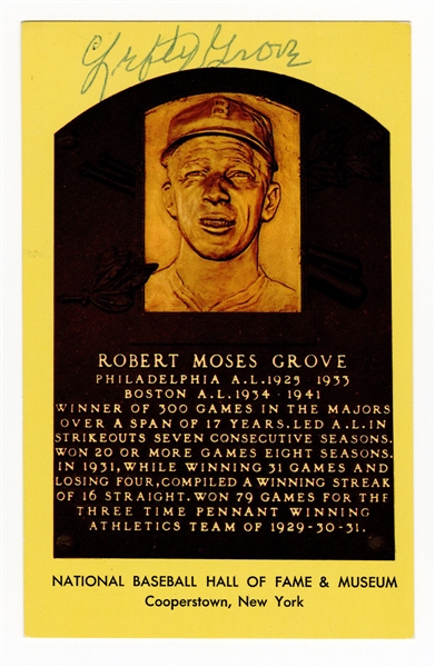 Robert Moses "Lefty" Grove Signed Hall of Fame Postcard Plaque JSA LOA
