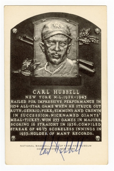 Carl Hubbell Signed Hall of Fame Plaque Postcard