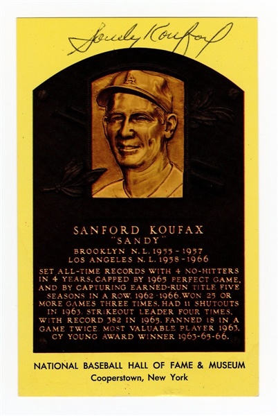Sandy Koufax Signed Hall of Fame Plaque Postcard