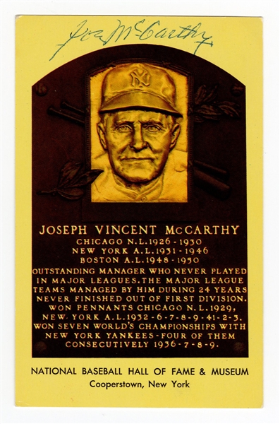Joseph McCarthy Signed Hall of Fame Plaque Postcard