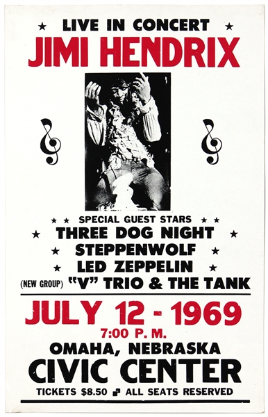 Jimi Hendrix 1969 Omaha Civic Center Reproduction Cardboard Concert Poster 