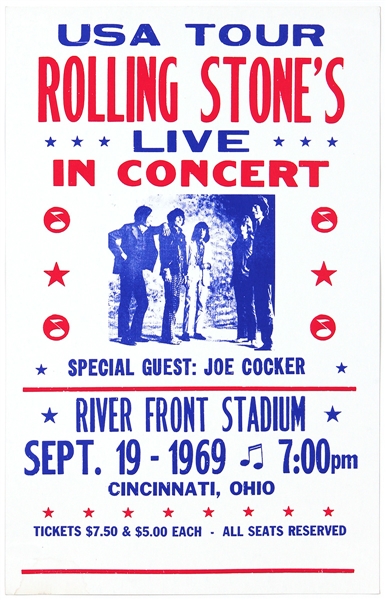 Rolling Stones 1969 River Front Stadium Reproduction Cardboard Concert Poster