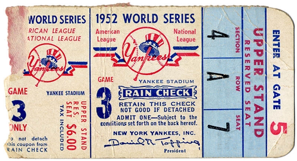 1952 New York Yankees World Series Ticket (Game 3)